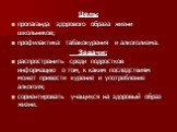 Цель: пропаганда здорового образа жизни школьников; профилактика табакокурения и алкоголизма. Задачи: распространить среди подростков информацию о том, к каким последствиям может привести курение и употребление алкоголя; сориентировать учащихся на здоровый образ жизни.