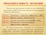 Продолжительность экзаменов. Единый государственный экзамен по всем предметам начинается в 10:00 по местному времени во всех субъектах Российской Федерации. В продолжительность экзаменов не включается время, выделенное на подготовительные мероприятия (инструктаж участников ЕГЭ, вскрытие специальных 