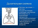 Дыхательная система. Органы дыхания — органы осуществляющие усвоение кислорода из воздуха, и выведение продуктов окисления(восновном углекислого газа), образующихся в ходе обмена веществ