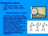 Подачи мяча. В волейболе применяются подачи: нижняя прямая и боковая, верхняя прямая и боковая, верхняя прямая в прыжке. Нижняя прямая подача Выполняется из положения, при котором игрок стоит лицом к сетке, ноги в коленных суставах согнуты, левая выставлена вперед, масса тела переносится на правую с