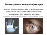 Биометрическая идентификация. доступ предоставляется на основе анализа некоторых биологических показателей, уникальных для каждого человека (отпечатка его пальцев или рисунка сосудов сетчатки глаза)