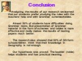Conclusion. Analyzing the results of our research we learned that our students prefer studying the rules with the teachers’ help and with Grammar schemes/tables. Almost 50% of students have difficulties doing Grammar tests. But presentation of Grammar material in the form of schemes and tables is mo