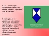 Бело - синий щит- культурные ценности, общая защита, персонал для их охраны. К культурным и духовным ценностям относятся памятники архитектуры, искусства или истории; музеи, крупные библиотеки, архивы, места археологических раскопок.