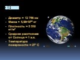 ЗЕМЛЯ. Диаметр = 12 756 км Масса = 5,98•1024 кг Плотность = 5 510 кг/м3 Среднее расстояние от Солнца = 1 а.е. Температура поверхности = 27° С