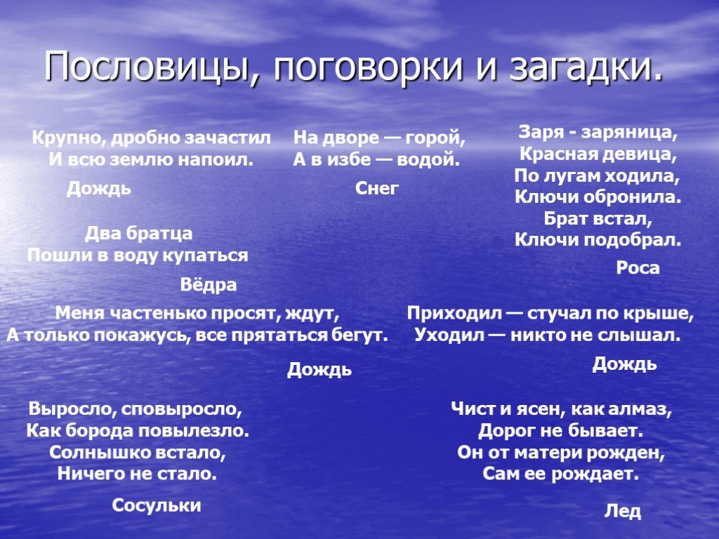 Слова со словом вод. Загадки и пословицы. Пословицы, поговорки, загадки. Пословицы и поговорки о заре. Пословицы поговорки загадки о воде.