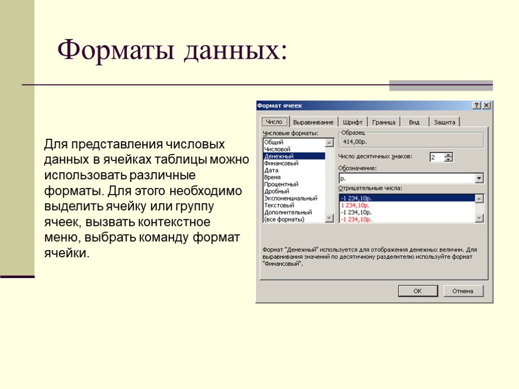 Формат данных ячейки. Числовой Формат данных. Форматы представления данных. Различные Форматы представления данных в ячейках. Форматы данных Информатика.