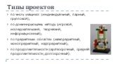 Типы проектов. по числу учащихся (индивидуальный, парный, групповой); по доминирующему методу (игровой, исследовательский, творческий, информационный); по предметным областям (межпредметный, монопредметный, надпредметный); по продолжительности (краткосрочный, средней продолжительности, долгосрочный)