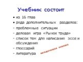 Учебник состоит. из 16 глав ряда дополнительных разделов: проблемные ситуации деловая игра «Рынок труда» - список тем для написания эссе и обсуждения - глоссарий - литература. методическая новизна