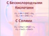 С Бескислородными Кислотами. Cl2 + HBr = 2HCl + Br2 Cl2 + HI = 2HCl + I2. Cl2 + 2NaI = 2NaCl + I2 Cl2 + FeCl2 = 2FeCl3. С Солями