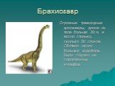 Брахиозавр. Огромные травоядные динозавры, длина их тела больше 20 м, а весил столько, сколько 20 слонов. Обитали около больших водоёмов. Были похожи на современных жирафов.