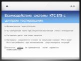 Взаимодействие системы КТС ЕГЭ с центром тестирования. Автоматически через Интернет По электронной почте при отсутствии постоянной связи с Интернетом На компакт-диске или ином носителе Материалы сохраняются в школе на локальном сервере КТС и могут быть востребованы при возникновении форс-мажорных си