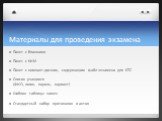 Материалы для проведения экзамена. Пакет с бланками Пакет с КИМ Пакет с компакт-диском, содержащим файл экзамена для КТС Список учащихся (ФИО, логин, пароль, вариант) Шаблон таблицы замен Стандартный набор протоколов и актов