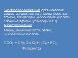 Кислородсодержащие органические вещества делятся на спирты, простые эфиры, альдегиды, карбоновые кислоты, сложные эфиры, углеводы и т. д.. Азотсодержащие: амины, аминокислоты, белки, нуклеиновые кислоты. 6 CO2 + 6 H2 O = C6 H12 О6 + 6 О2 Фотосинтез