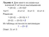 Пример 4. Для какого из указанных значений X истинно высказывание ¬ ((X>2) → (X>3))? 1)x=1 2) x= 2	3) x= 3	4) x= 4 Решение: ¬ ((X>2) → (X>3)) = 1 (X>2) → (X>3) = 0 Из таблицы истинности импликации 1 → 0 = 0 Ответ: 3) x= 3