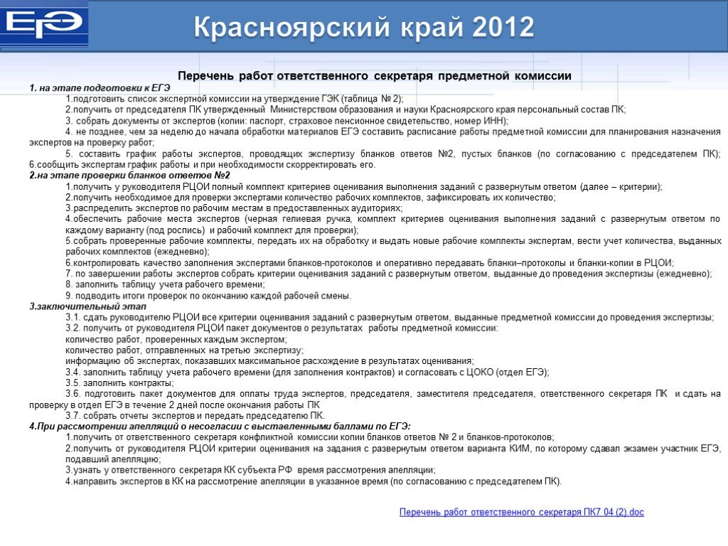 Перечень комиссий. Перечень работ секретаря. Предметные комиссии по проверке работ ЕГЭ. Экспертная комиссия ЕГЭ. Правила работы эксперта и предметной комиссии ЕГЭ.