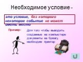 Необходимое условие -. это условие, без которого некоторое событие не может иметь место. Пример: Для того чтобы выводить созданные на компьютере документы на бумагу, необходим принтер