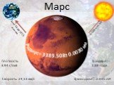 Марс. Радиус= 3389.508± 0.0030 км. S=от 55 до 227,5 млн км. S=228 млн. км. Плотность: 3.94 г/см3. Скорость: 24,13 км/с Т(сидер.п)= 1,88 года. S(синодич.п)=2.135 лет