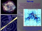 Пульсар. Нейтронные звезды рентгеновских пульсаров обладают очень сильным магнитным полем, достигающим значений 108–109 Тл (в 1011–1012 раз больше магнитного поля Солнца). Рентгеновские пульсары располагаются преимущественно в диске Галактики. Остаток сверхновой в центре образованной туманности - не