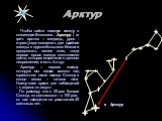 Арктур. Чтобы найти главную звезду в созвездии Волопаса , Арктур ( от греч. арктос – медведь, урос -страж),надо соединить две крайние звезды в «ручке» Большого Ковша и продолжить линию вниз, тогда первая яркая звезда желтоватого цвета, которая встретится в данном направлении, и есть Актур. Арктур – 