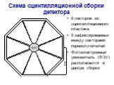 Схема сцинтилляционной сборки детектора. 8 секторов из сцинтилляционного пластика 8 зафиксированных между секторами переизлучателей Фотоэлектронный умножитель (ФЭУ) располагается в центре сборки