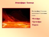 В атмосфере Солнца выделяют 3 основных слоя: Фотосфера Хромосфера Корона
