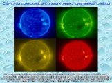Структура поверхности Солнца в разных диапазонах спектра. Эти изображения Солнца получены ультрафиолетовым телескопом на борту КА "Стерео-А» (зап. 26.10.2006г, США) 4 декабря 2006г, в первый день работы телескопа. Каждое изображение излучения верхних слоев солнечной атмосферы представлено в иск