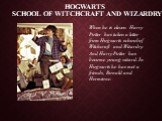 HOGWARTS SCHOOL of WITCHCRAFT and WIZARDRY. When he is eleven Harry Potter has taken a letter from Hogwarts school of Witchcraft and Wizardry. And Harry Potter has become young wizard. In Hogwarts he has met a friends, Ronald and Hermione.