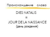 Происхождение	слова. DIES NATALIS = JOUR DE LA NAISSANCE (день рождения)
