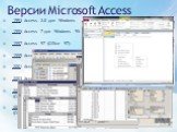 1993 Access 2.0 для Windows 1995 Access 7 для Windows 95 1997 Access 97 (Office 97) 1999 Access 2000 (Office 2000) 2001 Access 2002 (Office XP) 2003 Access 2003 (Office 2003) 2007 Microsoft Office Access 2007 (Office 2007) 2010 Microsoft Office Access 2010 (Office 2010). Версии Microsoft Access