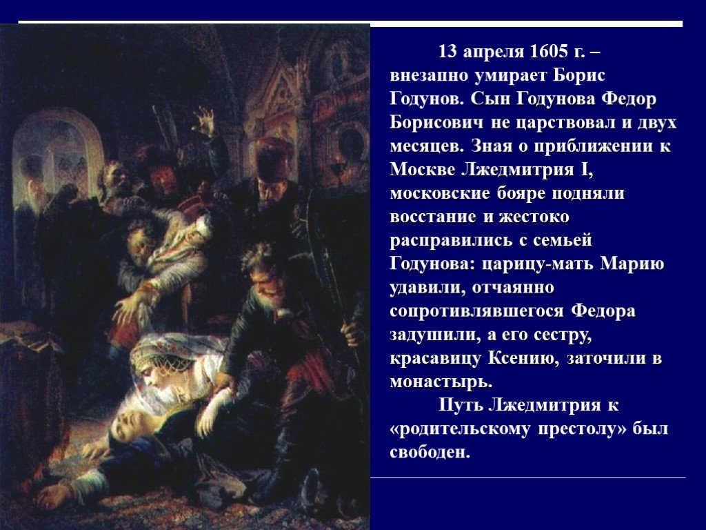 В каком году умер годунов. Смерть Бориса Годунова 1605. Свержение Федора Годунова.