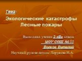 Экологические катастрофы Лесные пожары. Выполнил ученик 3 «В» класса МОУ СОШ №155 Волков Виталий Научный руководитель: Хоружева И.А. Тема: