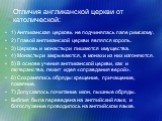 Отличия англиканской церкви от католической: 1) Англиканская церковь не подчинялась папе римскому. 2) Главой англиканской церкви являлся король. 3) Церковь и монастыри лишаются имущества. 4) Монастыри закрываются, а монахи из них изгоняются. 5) В основе учения англиканской церкви, как и лютеранства,