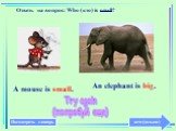 Ответь на вопрос: Who (кто) is small? A mouse is small. An elephant is big.