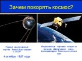 Зачем покорять космос? Первый искусственный спутник Земли был запущен в СССР 4 октября 1957 года. Искусственные спутники следят за погодой, обеспечивают связь, фотографируют Землю для точных карт