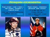 Женщины-космонавты. Светла́на Евге́ньевна Сави́цкая Вторая женщина в мире и первая в мире женщина, вышедшая в открытый космос. В 1984 году в качестве бортинженера совершила полет на «Союз Т-12». Еле́на Влади́мировна Кондако́ва. Первая женщина, совершившая длительный полёт в космосе. С 4 октября 1994