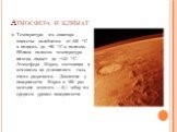 Атмосфера и климат. Температура на экваторе планеты колеблется от +30 °C в полдень до −80 °С в полночь. Вблизи полюсов температура иногда падает до −143 °С. Атмосфера Марса, состоящая в основном из углекислого газа, очень разрежена. Давление у поверхности Марса в 160 раз меньше земного — 6,1 мбар на