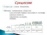 Сукцессии. Сукцессия – смена биоценозов. Причины, вызывающие сукцессии: -сельскохозяйственная деятельность человека; -промышленность; -извержение вулканов; -пожары.