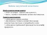 Задачи закупочной логистики. Информационные задачи: • ответ на вопрос «сделать или купить?»; • поиск, оценка и выявление лучших поставщиков. Задачи реализации: • соблюдение сроков закупки; • обеспечение точного соответствия между количеством поставок и потребности в них; • соблюдение требований прои