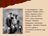 У них рождаются трое дочерей: Марфа (1910—2003), Марина (1912—2009) и Дасия (1921—1977). Дочь Шаляпина Марина (Марина Фёдоровна Шаляпина-Фредди), прожила больше всех его детей и скончалась на 98-ом году жизни.