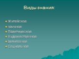 Виды знания: Житейское научное Практическое Художественное религозное Социальное