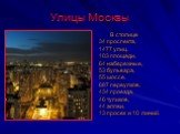 Улицы Москвы. В столице 34 проспекта, 1477 улиц, 103 площади, 64 набережные, 53 бульвара, 55 шоссе, 687 переулков, 434 проезда, 46 тупиков, 44 аллеи, 13 просек и 10 линий.