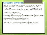 Синдром цитолиза: повышается активность АЛТ (>0,68 мколь/час-л, АСТ>0,45 мкмоль/час, гипербилирубинемия (за счет прямой фракции), γ-глютамилтрансферазы.