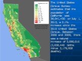The United States Census Bureau estimates that the population of California was 38,041,430 on July 1, 2012, a 2.1% increase since the 2010 United States Census. Between 2000 and 2009, there was a natural increase of 3,090,016 (5,058,440 births minus 2,179,958 deaths).