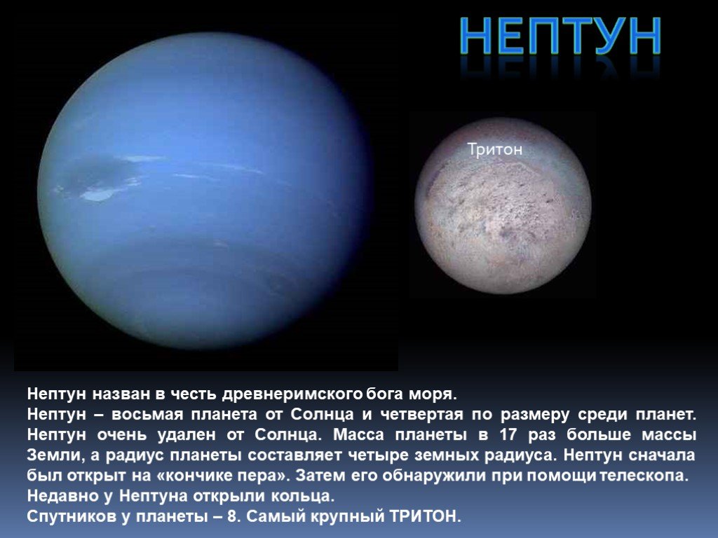 Как называется нептун. Нептун Планета спутники Тритон. Нептун Планета солнечной системы Тритон. Размер Тритона спутника Нептуна. Планета Нептун названа в честь Бога.