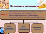 Источники витаминов. Пища растительного происхождения. Пища животного происхождения. Витаминные препараты. органические вещества, поступающие с пищей в очень незначительных количествах, но необходимые нормального обмена веществ и жизнедеятельности, для образования ферментов.