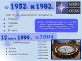 Еще четыре европейских государства: Греция Турция, ФРГ Испания. 1952г. и 1982г. Польша Венгрия Чешская Республика. 12 марта 1999 г. В НАТО вступили. Латвия Литва Эстония Словакия Словения Румыния Болгария. Сейчас в НАТО насчитывается уже 26 стран и рассматриваются заявки других стран на вступление в
