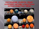 Соотношение размеров планет Солнечной системы и некоторых хорошо известных звёзд.