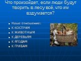 Что произойдет, если люди будут творить в лесу всё, что им вздумается? Наше отношение: К КОСТРАМ К ЖИВОТНЫМ К ДЕРЕВЬЯМ К ЯГОДАМ К ГРИБАМ