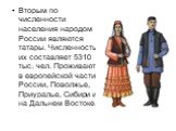 Вторым по численности населения народом России являются татары. Численность их составляет 5310 тыс. чел. Проживают в европейской части России, Поволжье, Приуралье, Сибири и на Дальнем Востоке.