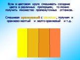 Если в цветовом круге смешивать соседние цвета в различных пропорциях, то можно получить множество промежуточных оттенков. Смешивая оранжевый с желтым, получим и оранжево-желтый и желто-оранжевый и т.д.